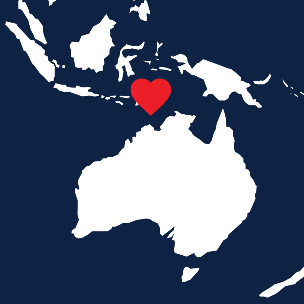 A map showing Timor-Leste highlighted with a heart.