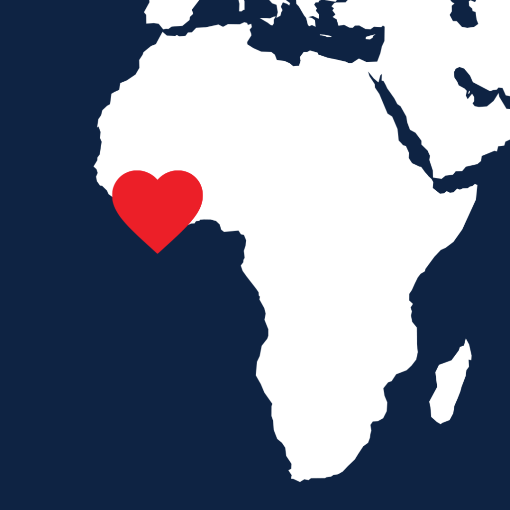 Map showing Ghana highlighted with a heart.