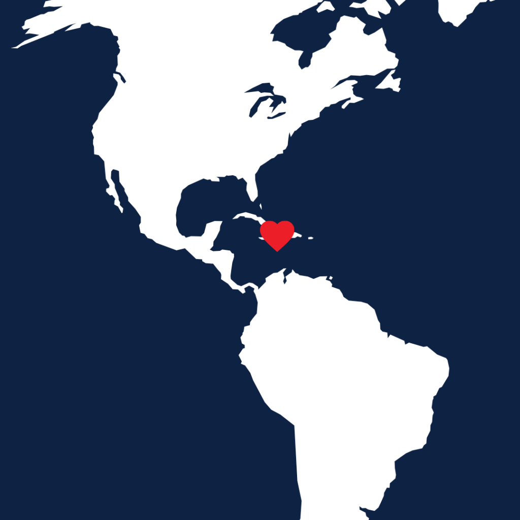 A map showing Haiti highlighted with a heart.