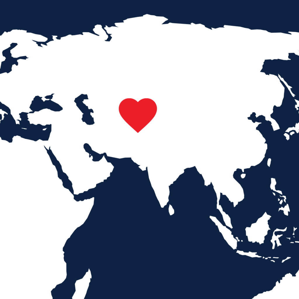 Map showing Kyrgyzstan highlighted with a heart.