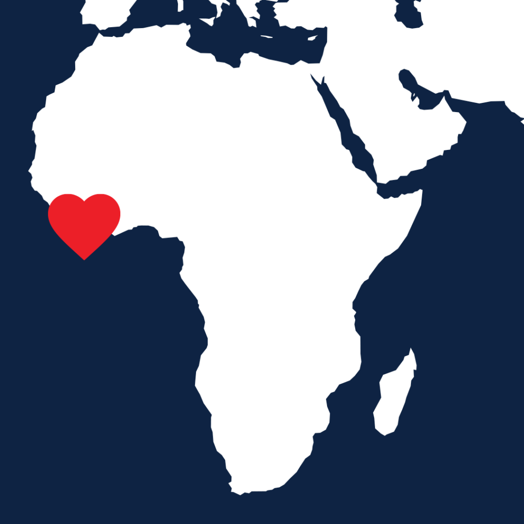 Map showing Liberia highlighted with a heart.