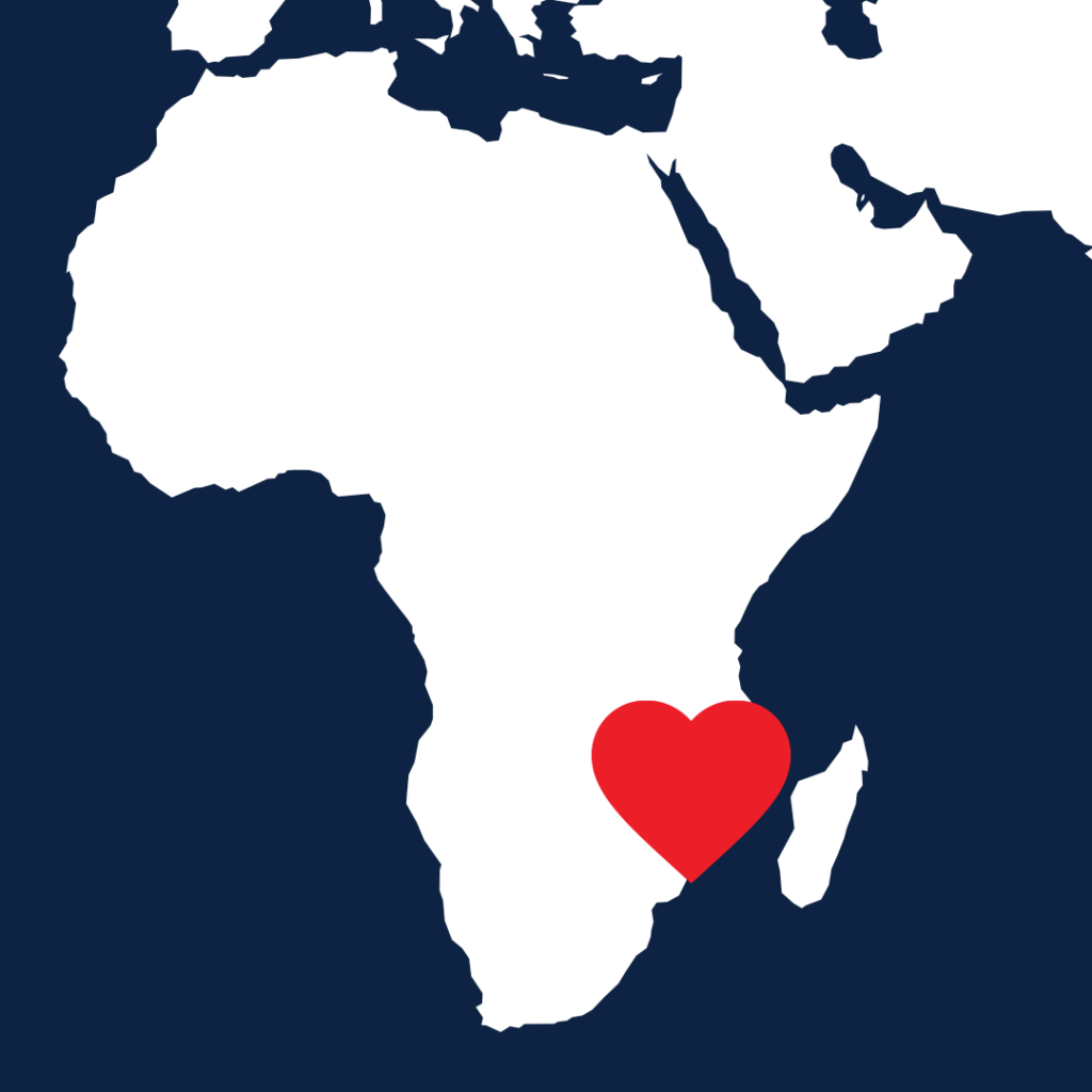 A map showing Mozambique  highlighted with a heart.