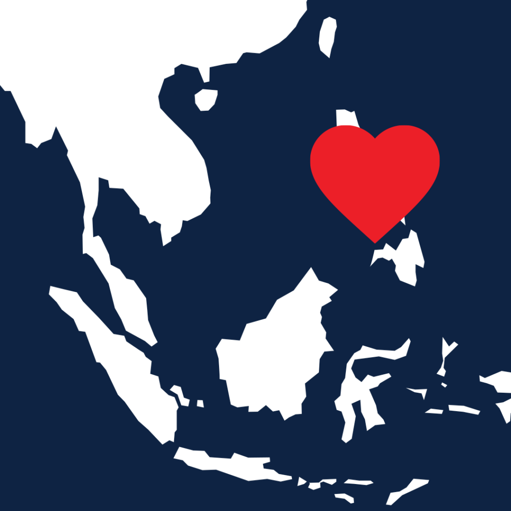 A map showing the Philippines highlighted with a heart.