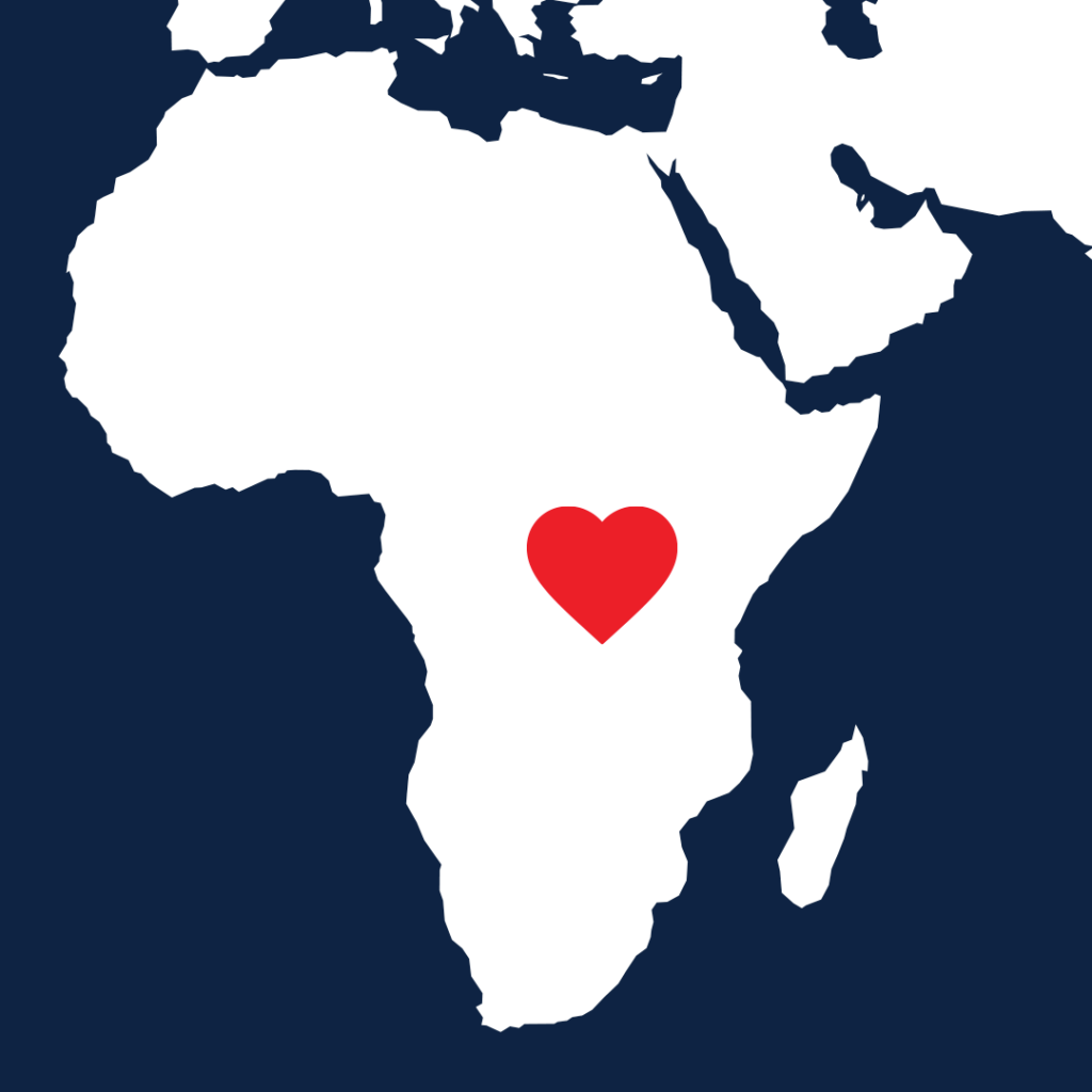 A map showing Rwanda highlighted with a heart.