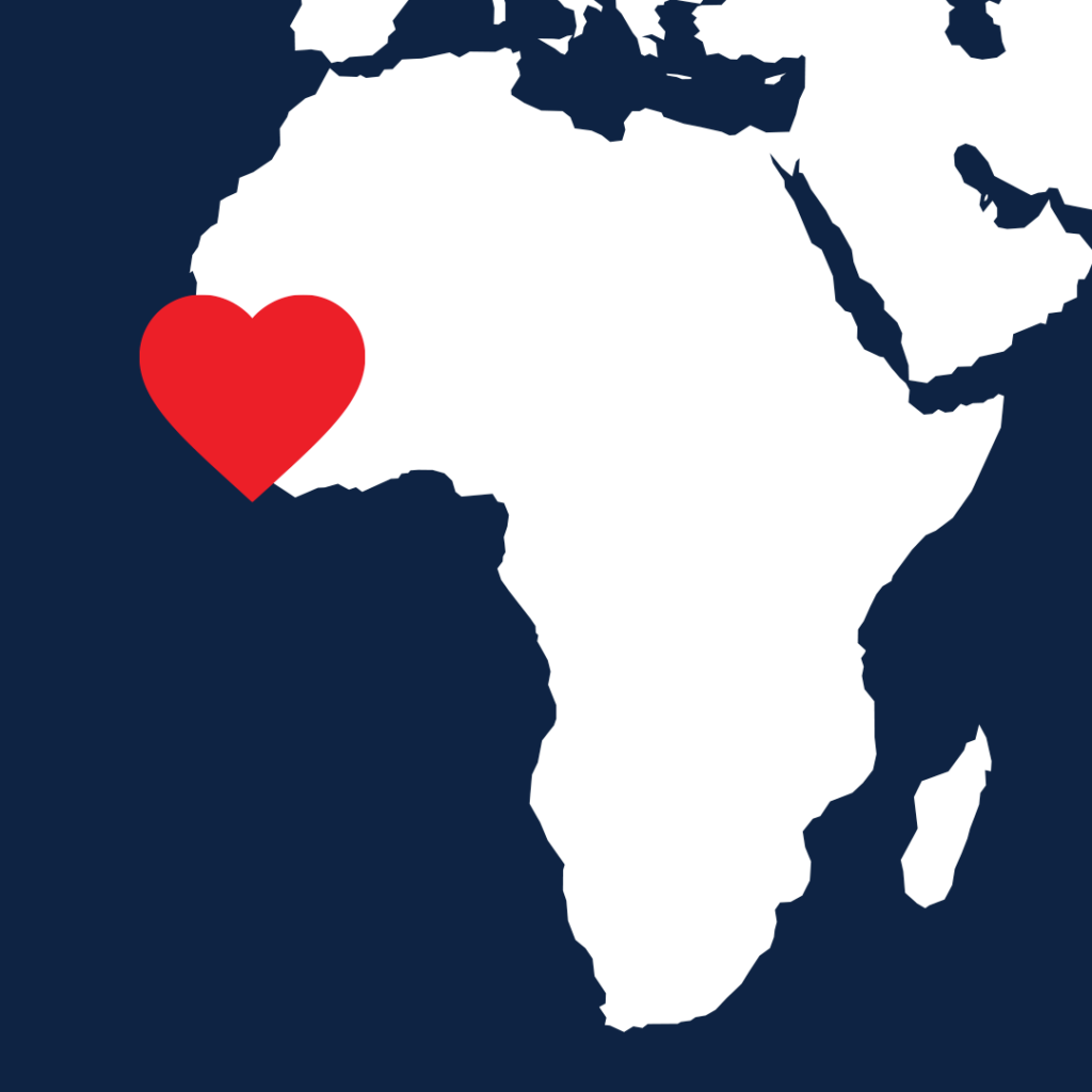 A map showing Senegal highlighted with a heart.